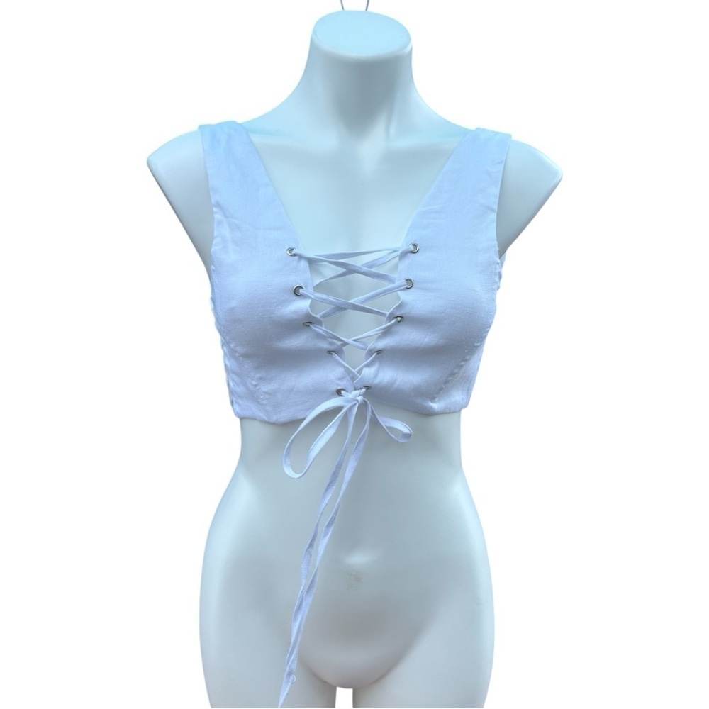 Olivaceous Women’s Shape White Plunge Front Lace Up Corset Top in Linen Size L
